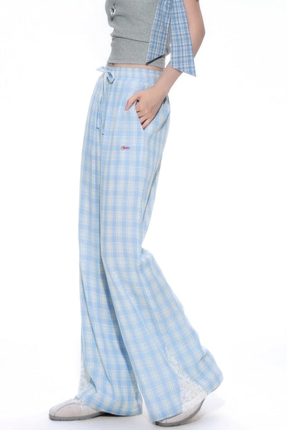 Blue Lace-Trimmed Wide-Leg Pants