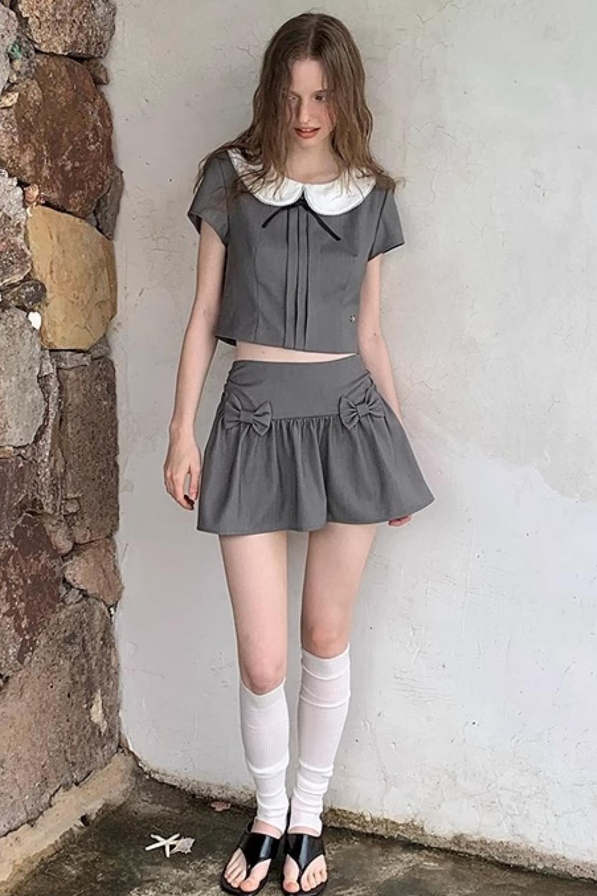 Gray Bowknot Halter Skirt Set-Up