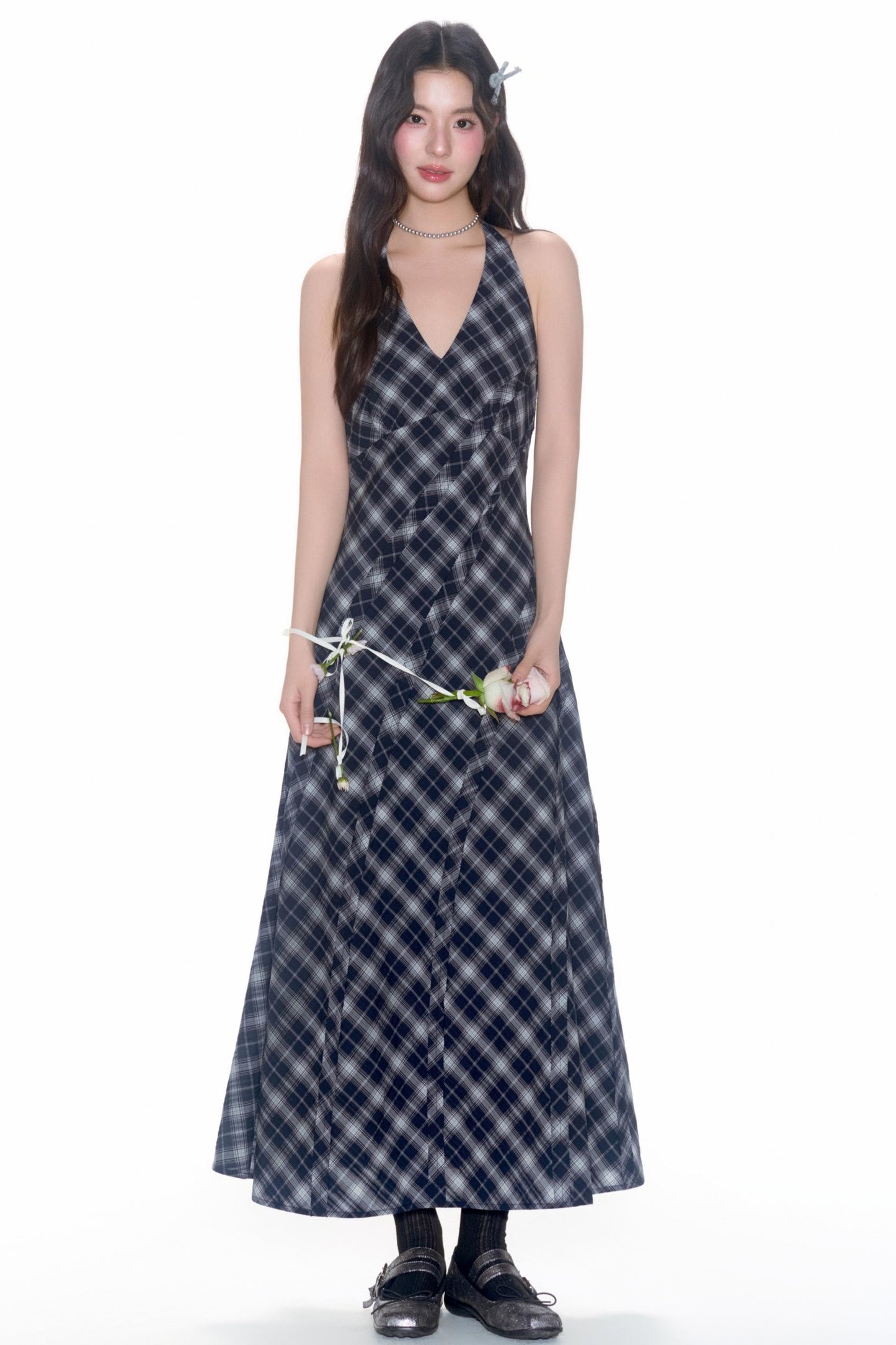 Plaid V-Neck Flutter Maxi Dress