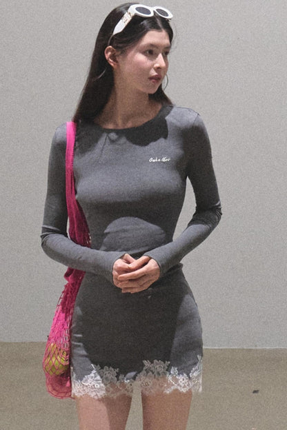 Lace-Trimmed Knit Dress