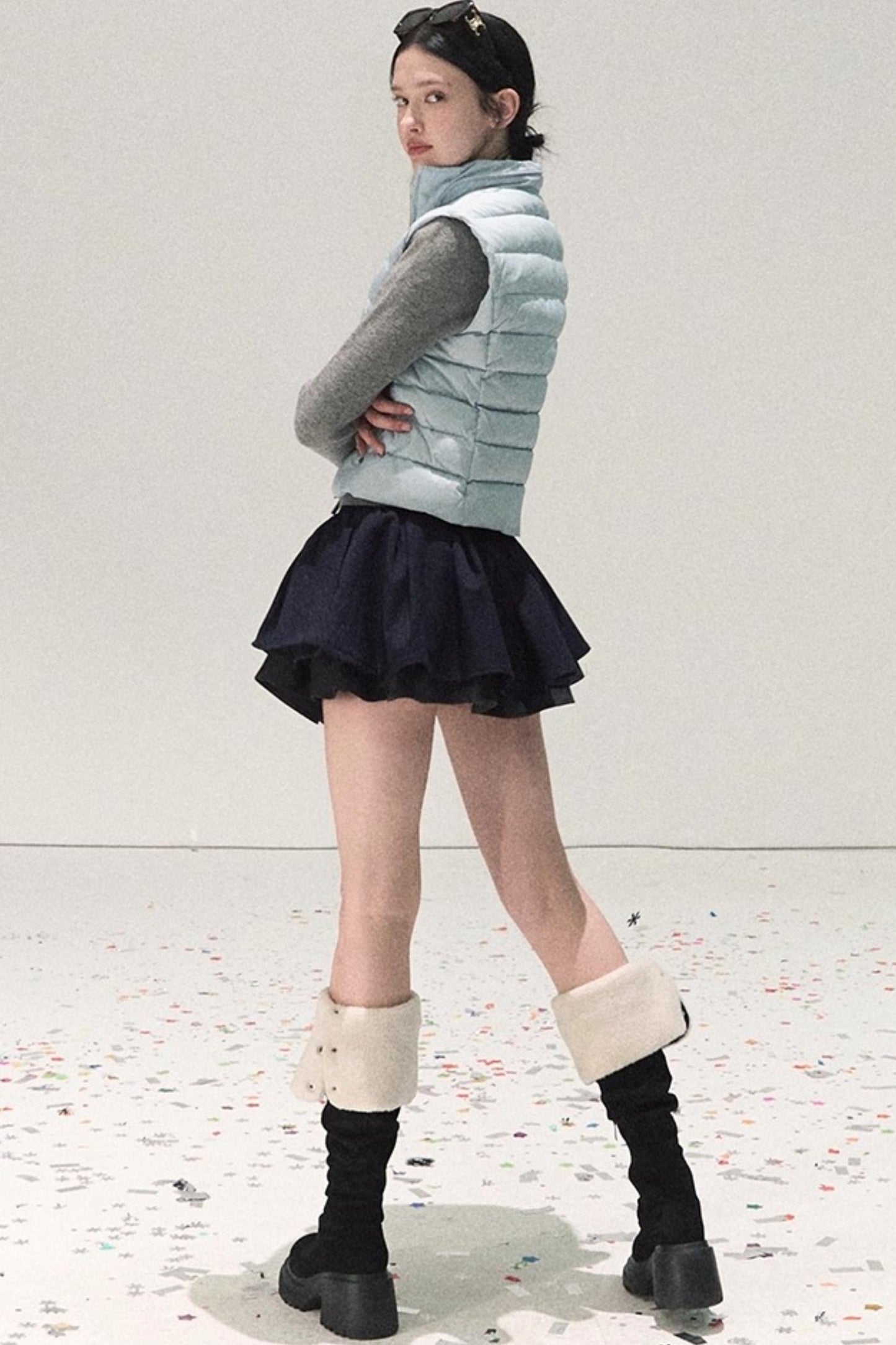 Plaid Color-Blocked Puffy Skirt