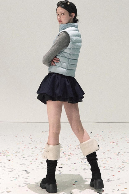 Plaid Color-Blocked Puffy Skirt