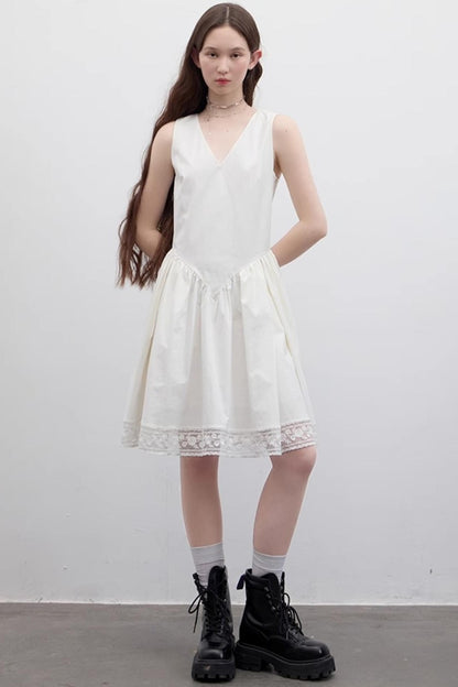 White Pleated V-Neck Dress