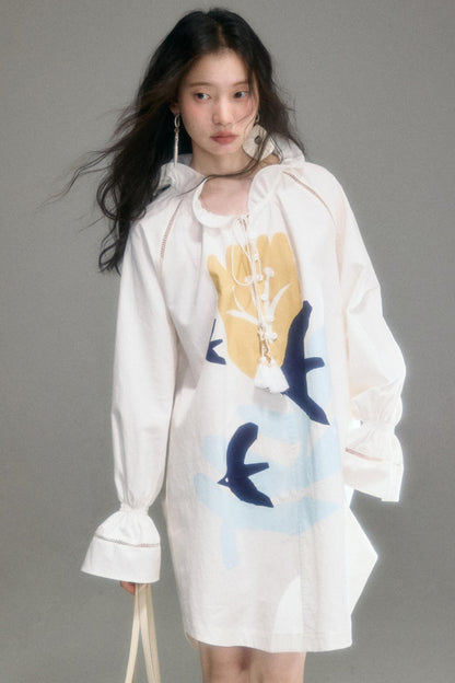 Tulip Bird Print Wood Ear Collar Long Top