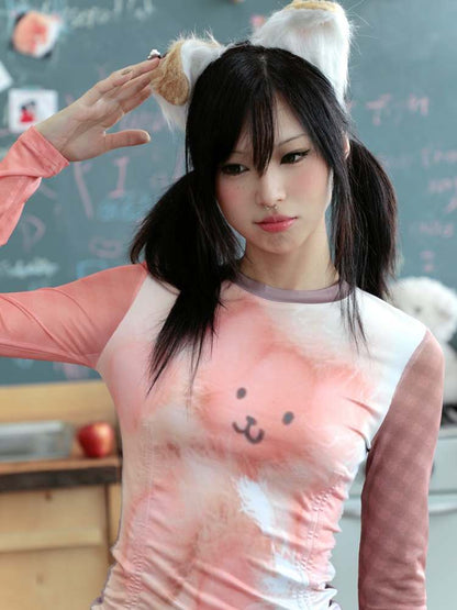 Cute Side Shirring Ribbon Bear Print Long Sleeve Tee