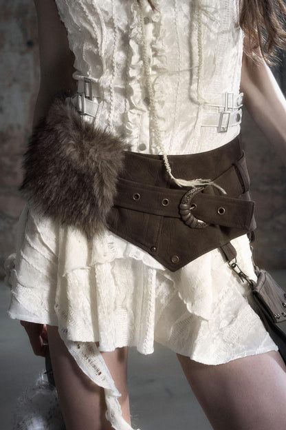Leather Patchwork Fur Skirt  Belt