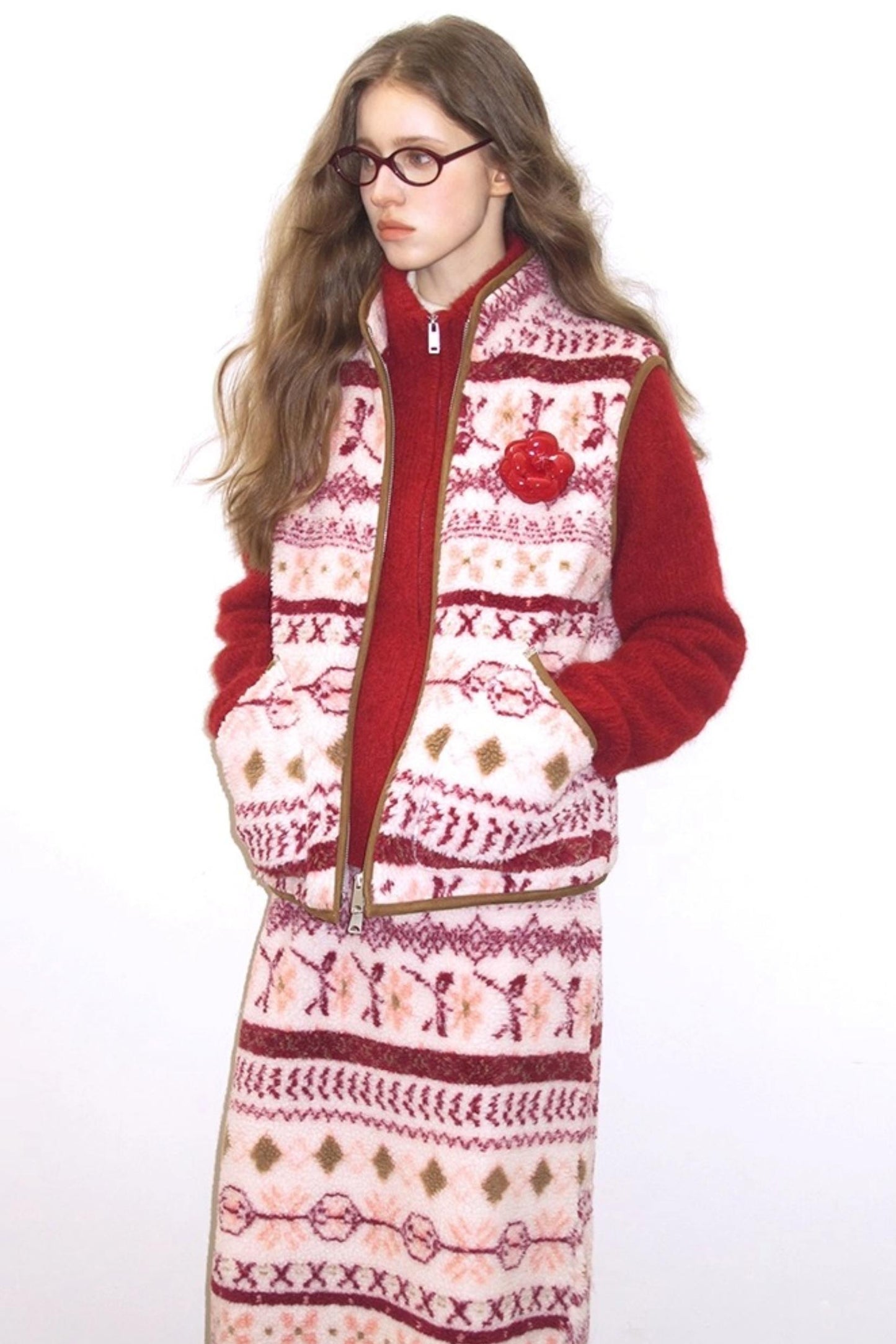 Berry Peach Retro Fleece Vest Jacket Skirt Set-Up