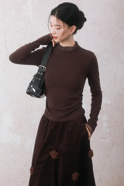Chestnut Brown Patchwork Turtleneck Top
