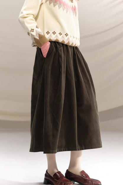 Retro Olive Pleated Skirt