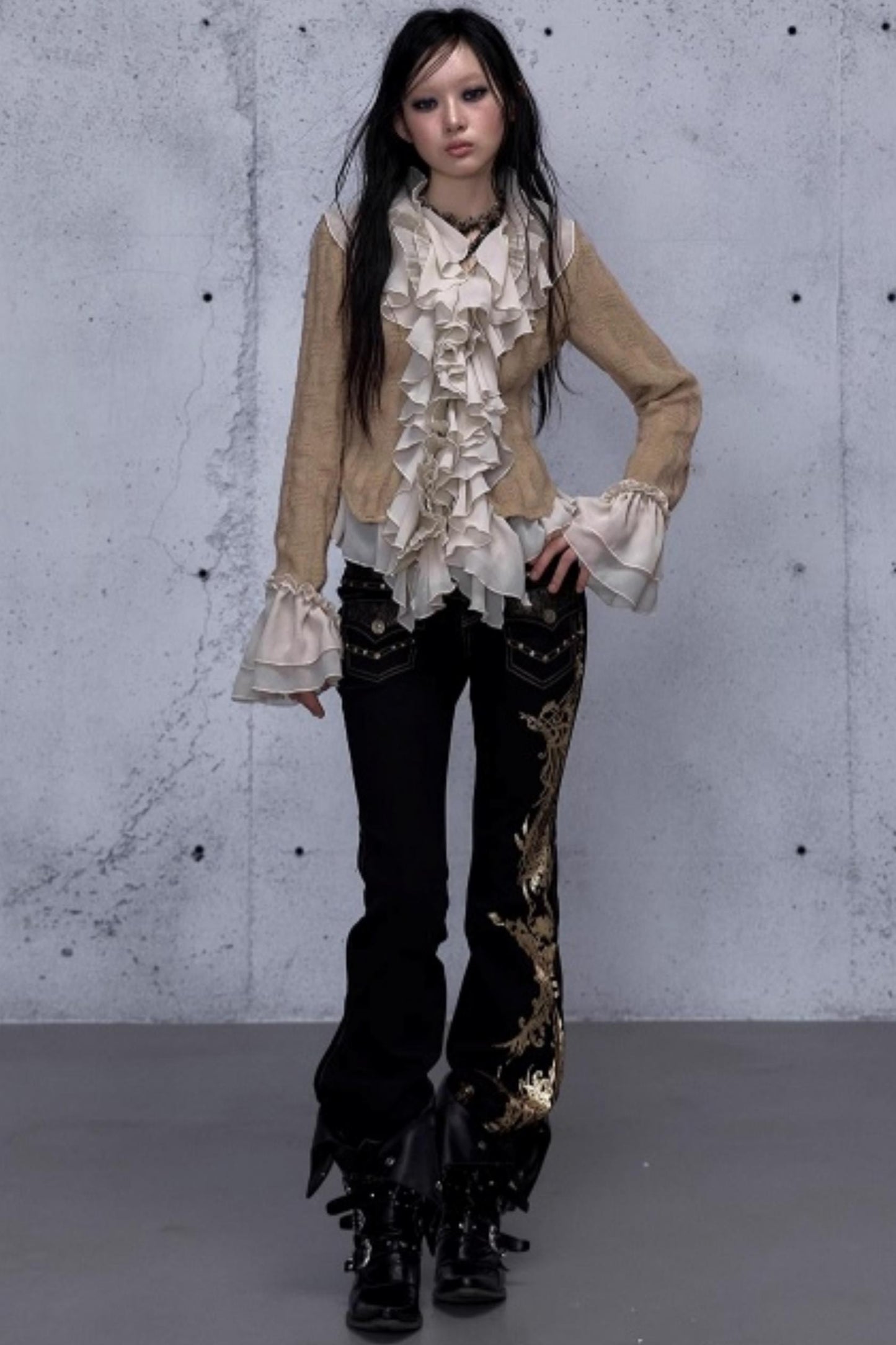 Retro Gold Foil Denim Pants