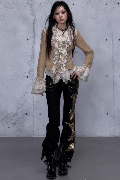 Retro Gold Foil Denim Pants