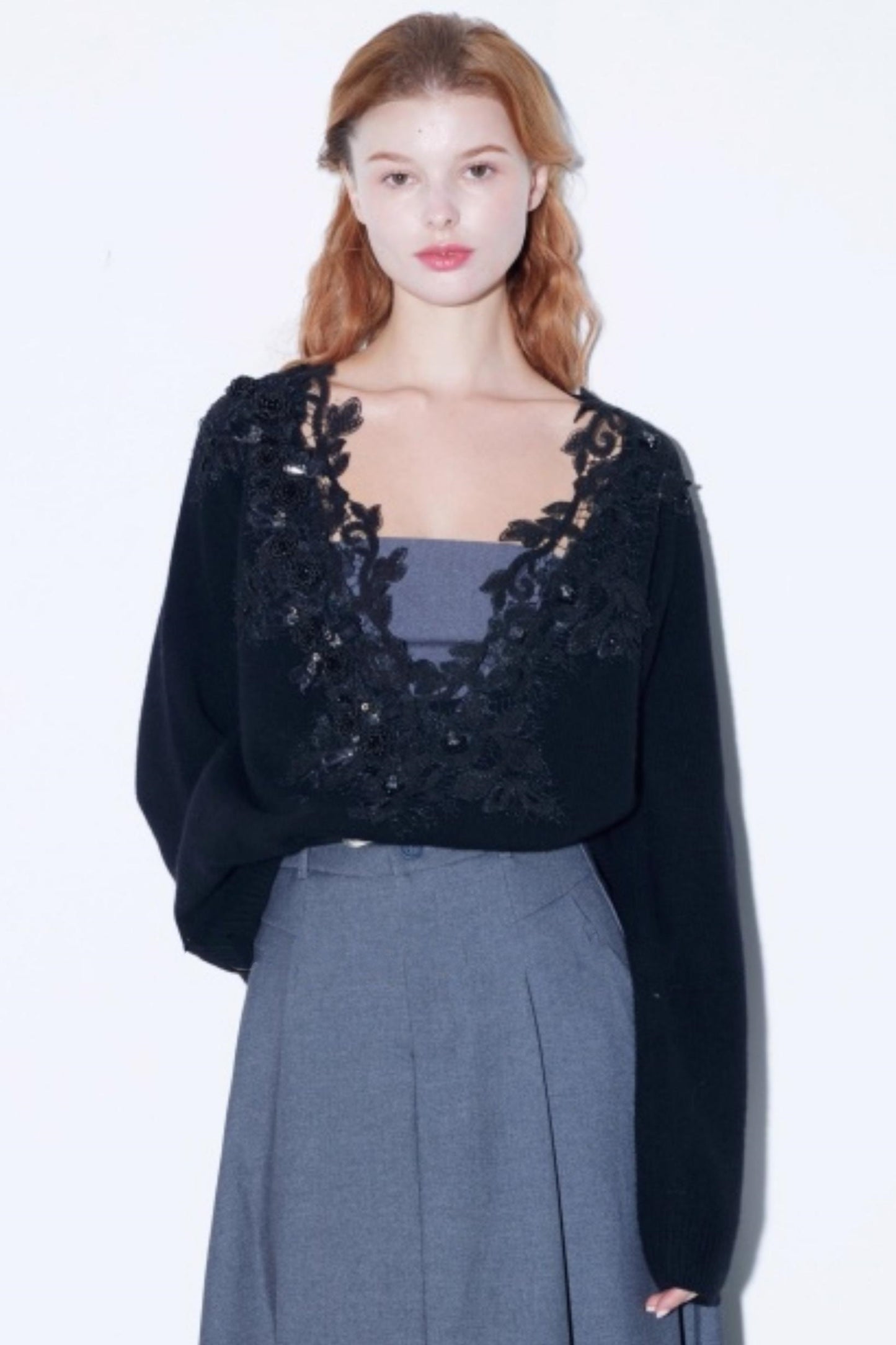 Rhinestone Lace Wool Top