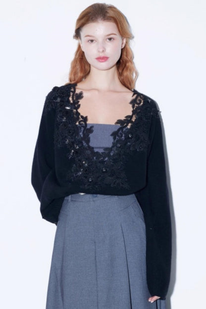 Rhinestone Lace Wool Top