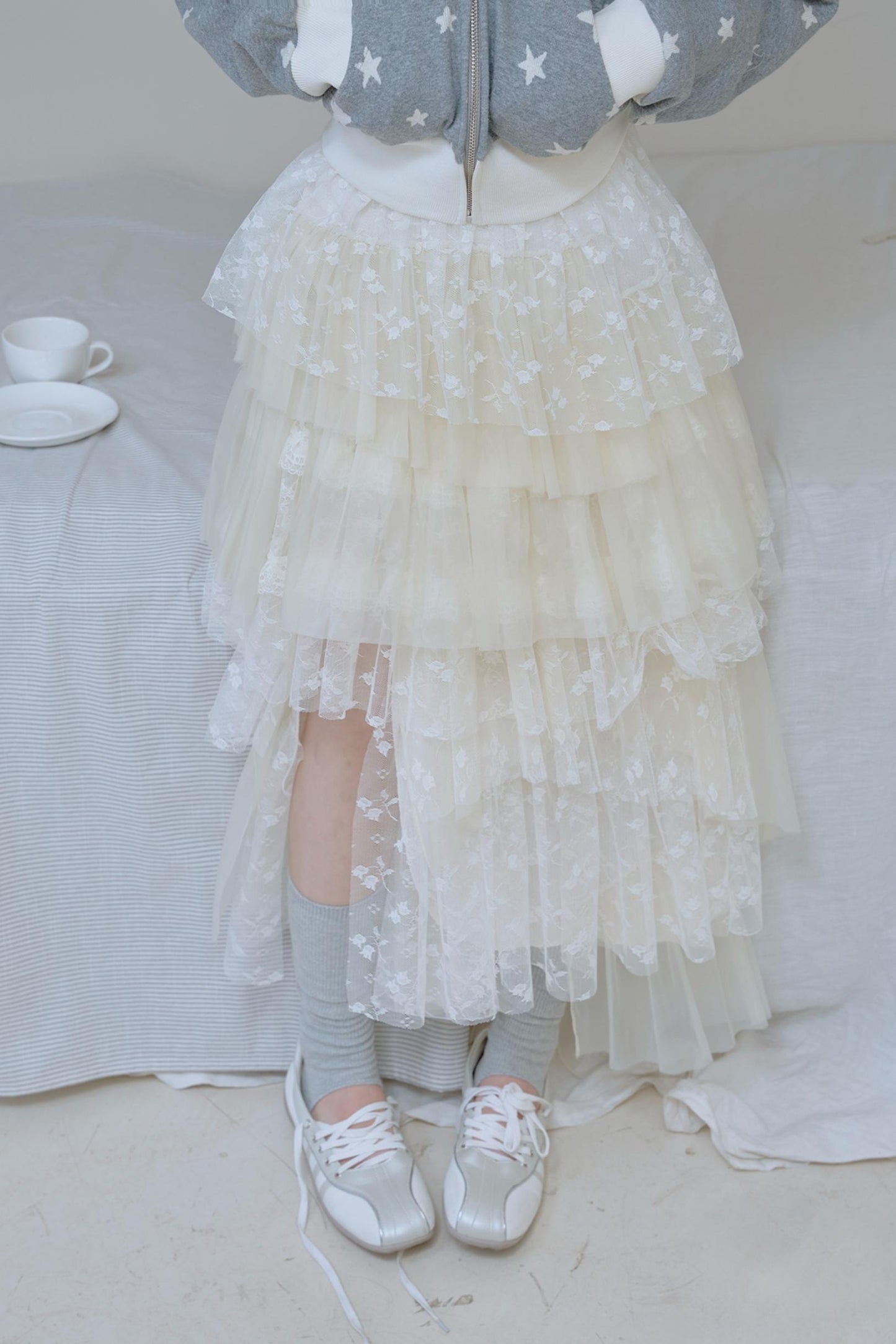 Beige Lace Patchwork Chiffon Skirt