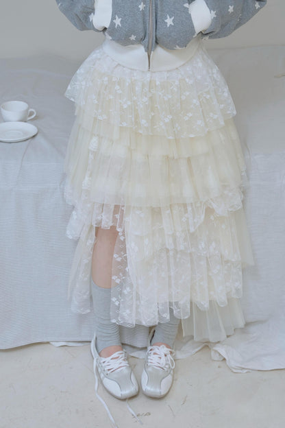 Beige Lace Patchwork Chiffon Skirt