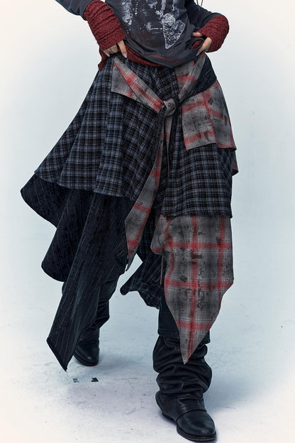 Multi-Layer Check Long Skirt