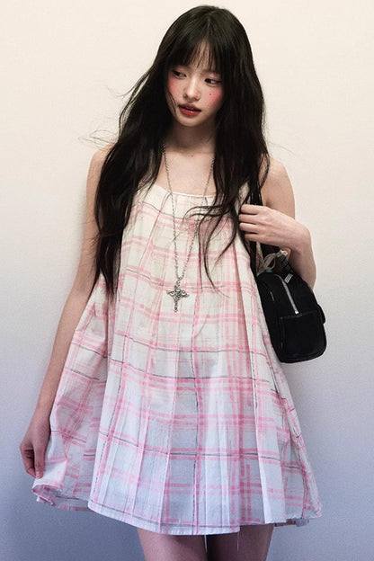 Pink Plaid Summer Vest Dress