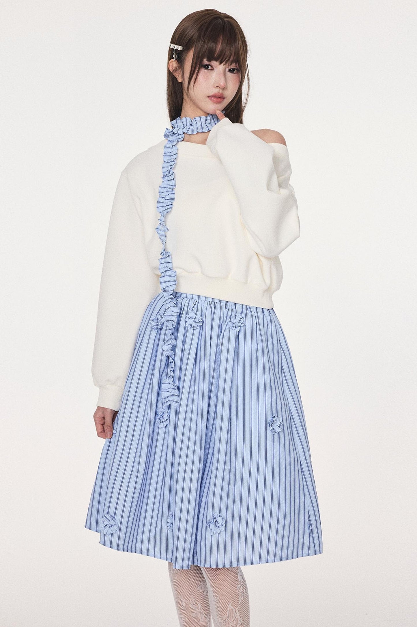 Blue Striped Flower Silhouette Skirt