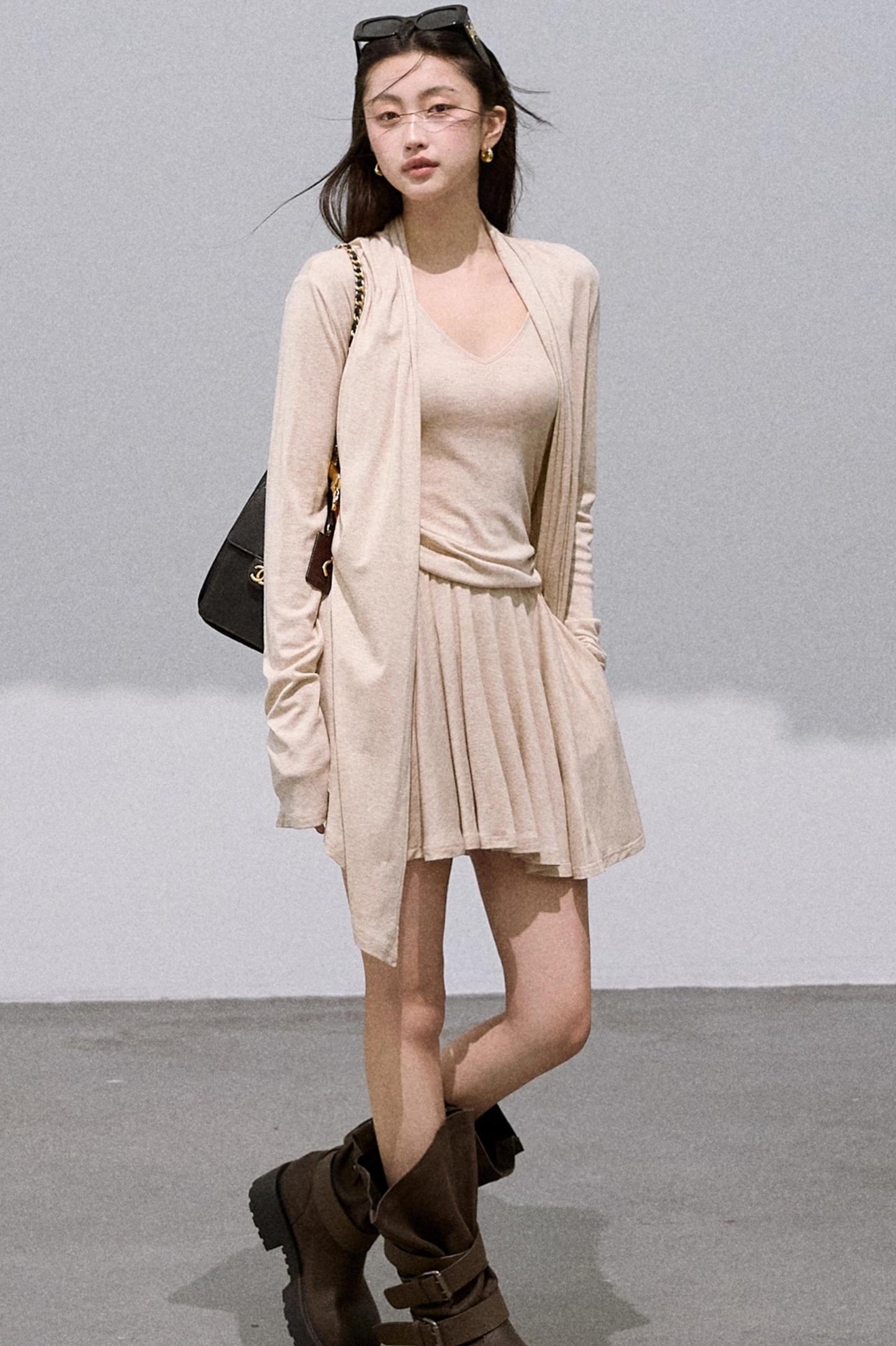 Tencel Wool Knit V-Neck Cardigan Dress Set-Up