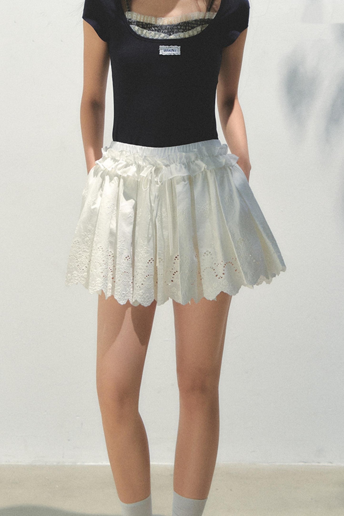 Navy Pleated Embroidered Skirt