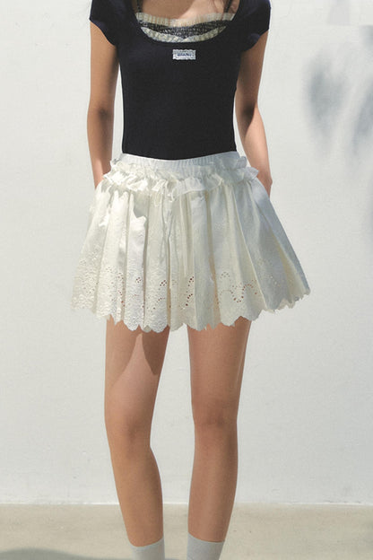 Navy Pleated Embroidered Skirt