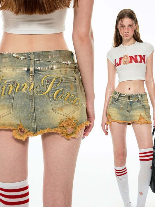 Low Waist Distressed Denim Mini Skirt