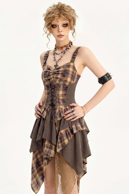 Plaid Tie Waist Irregular Dress