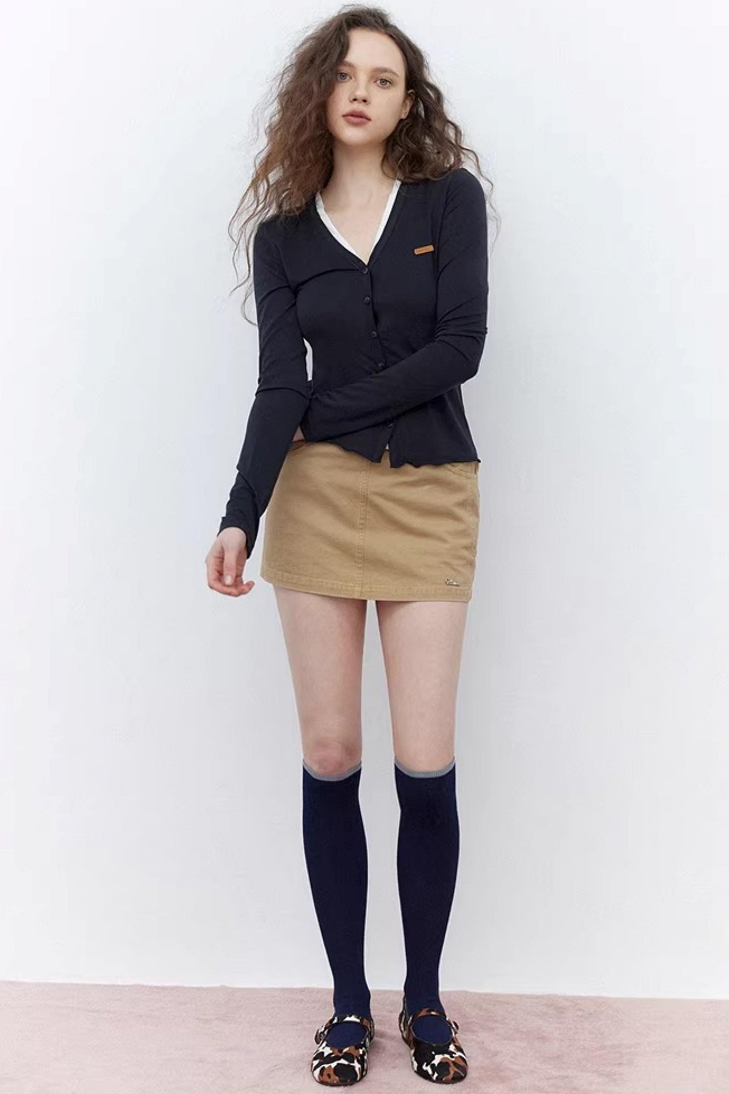 Khaki Waist Patchwork Ribbed Skirt