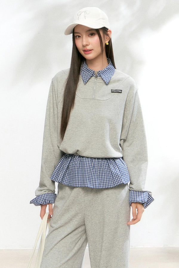 Plaid Polo Sweatshirt Set-Up