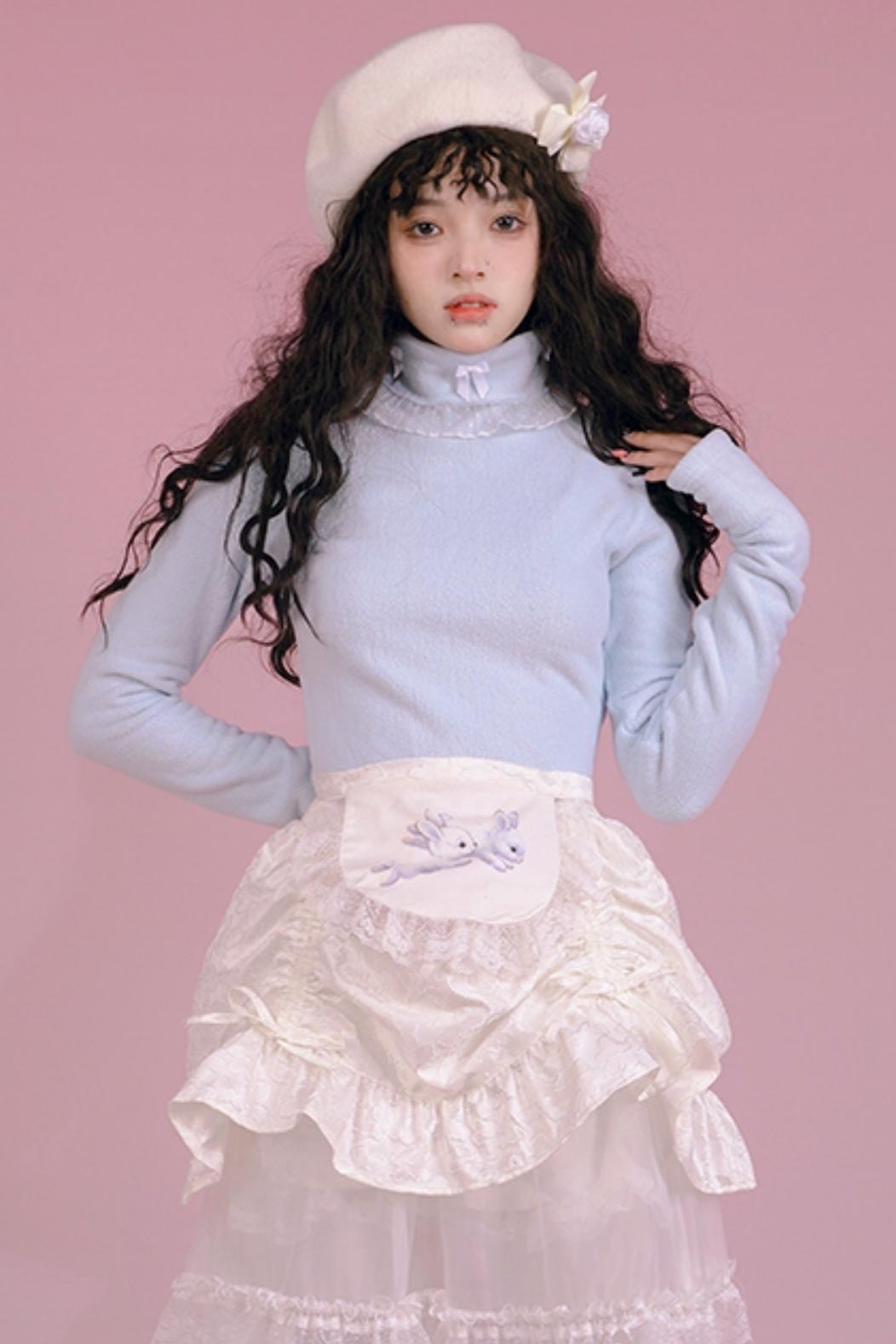 Solid Color Bow Lace Turtleneck Shirt