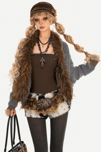 Fur Collar Knitted Cardigan