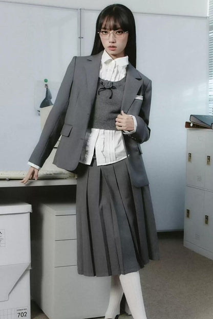 Korean College Heavy Blazer Skirt Set-Up