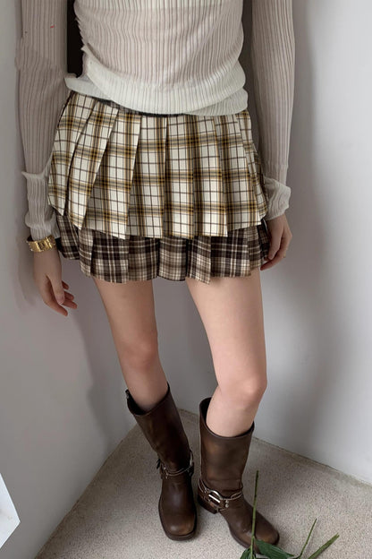 Plaid Splicing Pleated Skirt