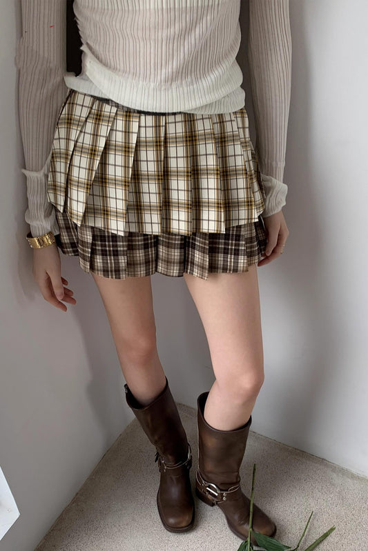 Plaid Splicing Pleated Skirt