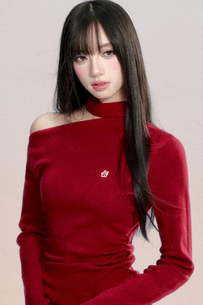 Red Off-Shoulder Knit Top