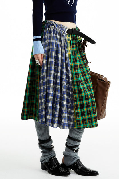 Blue-Green Plaid Pleated Skirt