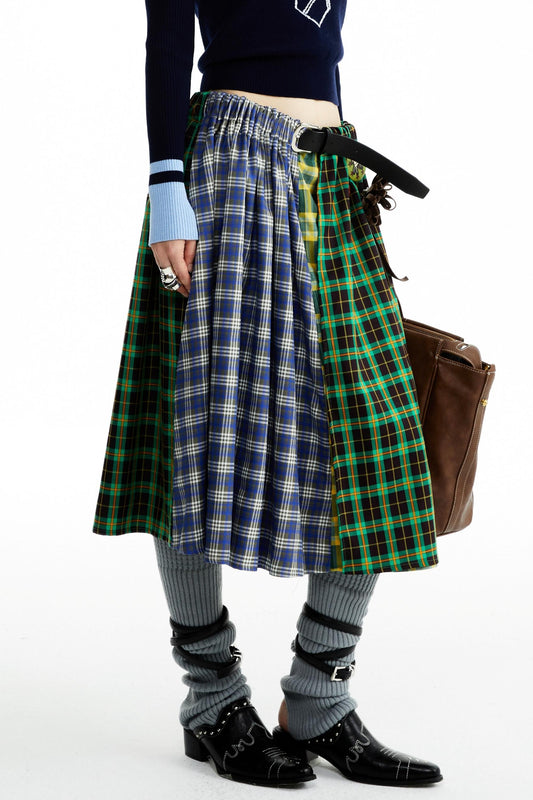Blue-Green Plaid Pleated Skirt