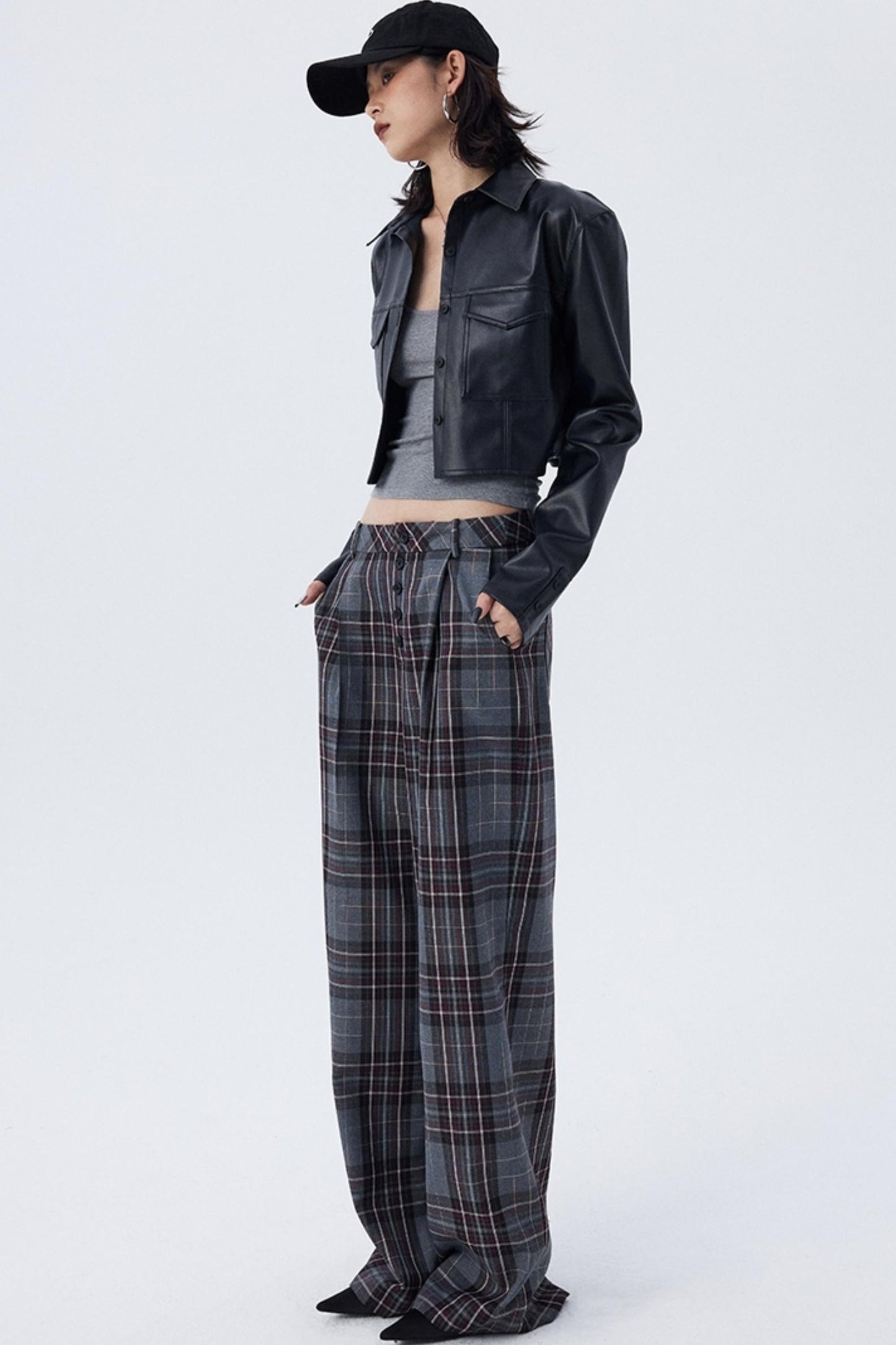 Check Pleated Wide-Leg Trousers