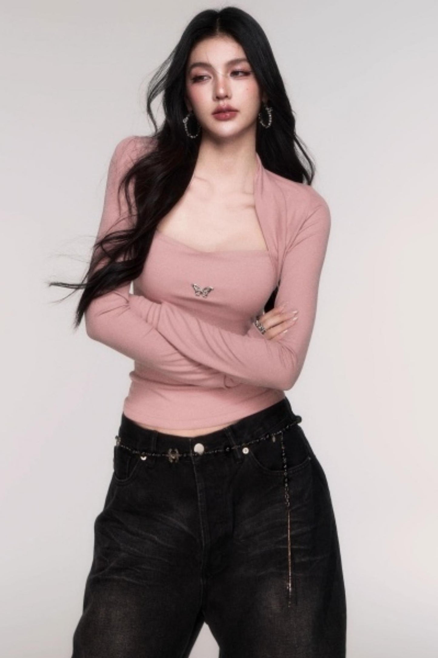 Fake Two Sleeve Slim Knit Top