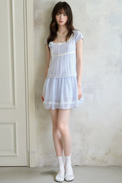 Abito a balze in tulle floreale azzurro chiaro