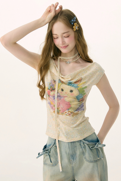 Rainbow Rabbit Knitted Off-Shoulder T-Shirt
