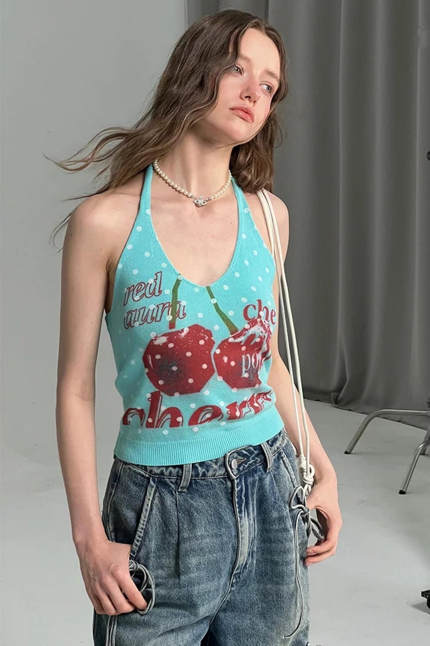 Blue Cherry Print Polka Dot Knit Halter Top