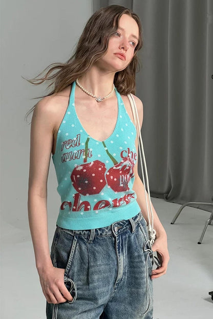 Blue Cherry Print Polka Dot Knit Halter Top