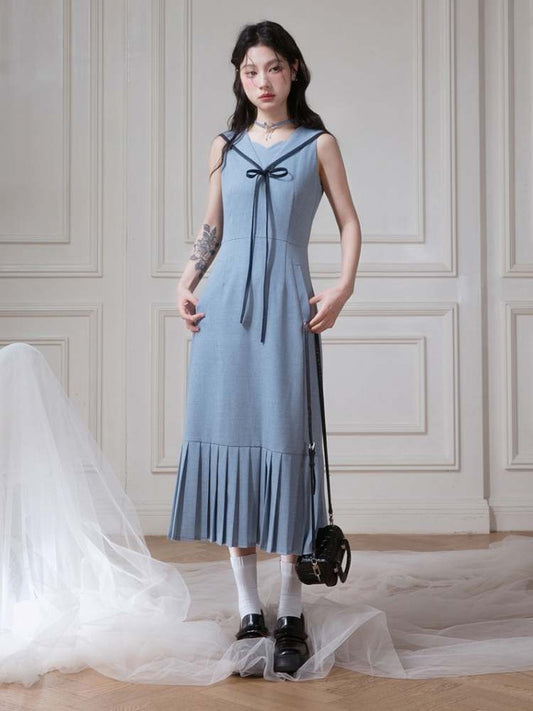 Sailor Collar Sleeveless Bow Tie Pleated Dress