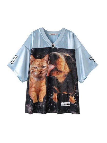 Dog & Cat Print Oversized V-Neck T-Shirt