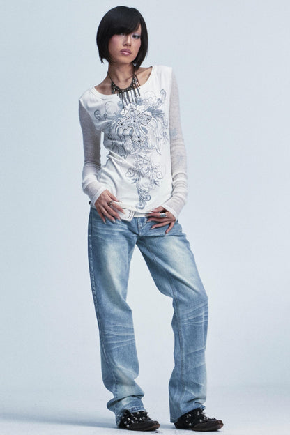 Vintage Washed Distressed Jeans Pants