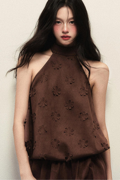 Reddish-Brown Suede Flower Halterneck Two-Piece Set-Up