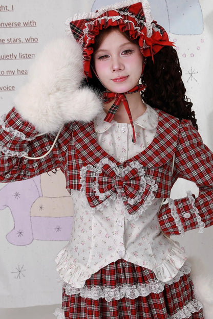 Christmas Red Checkered Bow Short Jacket