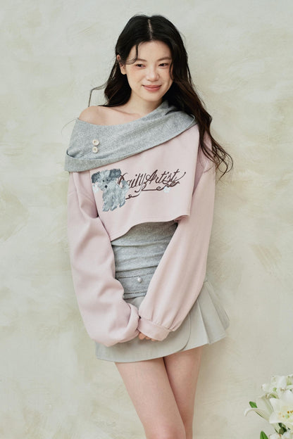 Pink Gray Fake Two Piece Hooded Top
