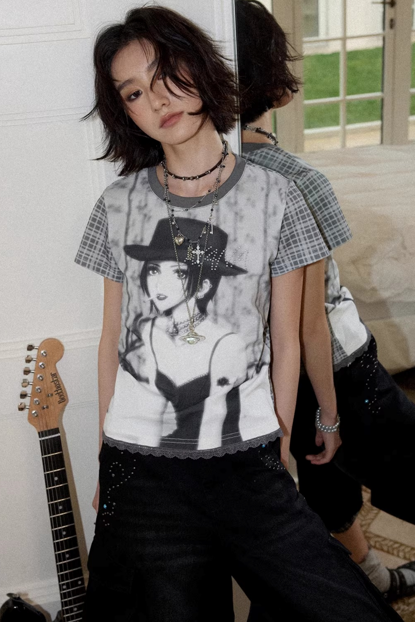 Portrait Plaid Rhinestone Top